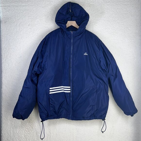 VTG 90s ADIDAS Puffer Hoodie Jacket Size XL Blue Nylon Heavy Puffy Coat